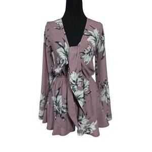 L'ATISTE Floral Romper Women Small Mauve Pink Long Sleeve Tie Front Ruffle